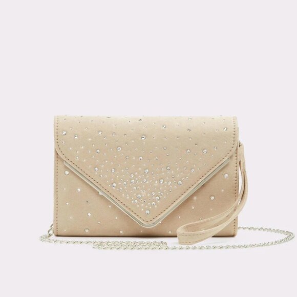 Aldo Handbags - Aldo Acarema Tan Velvet Y2K Jeweled Evening Bag Silver Chain Purse Clutch 5x8